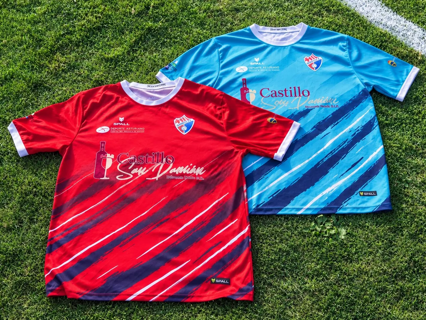 Camisetas roja y turquesa del Barres C.F. sobre el césped